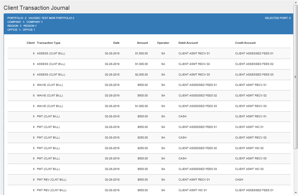 Client Transaction Journal report