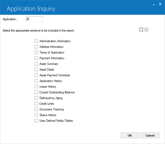 The Application Inquiry selection dialog
