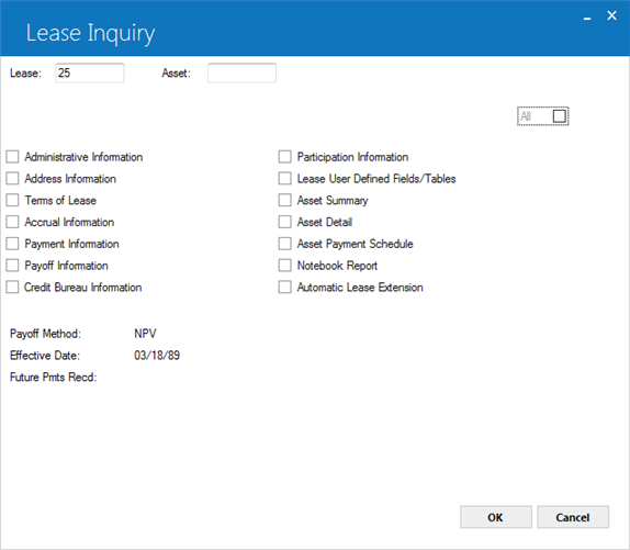 The Lease Inquiry selection dialog