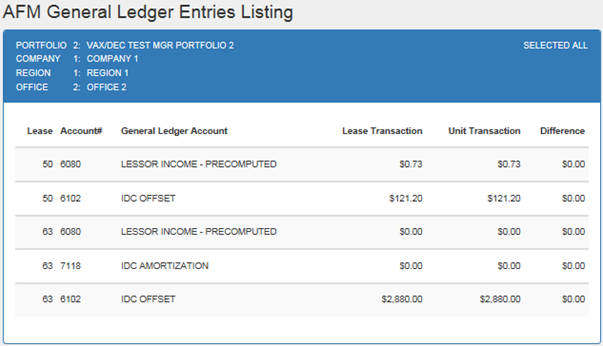 Screenshot of the AFM GL Entries Listing report