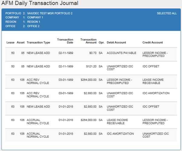 Screenshot of an AFM Daily Transaction Journal report