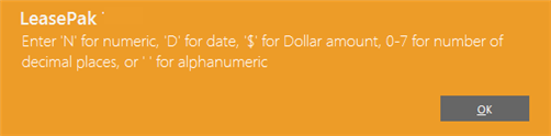 Invalid option. Enter N, $, D, 0-7, or ' ' (blank for alphanumeric)