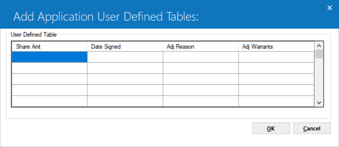 The User Defined Table dialog