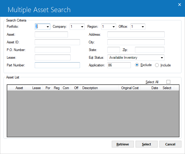 Multiple Asset Search dialog for adding booked assets.
