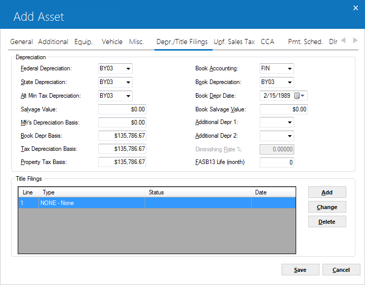 The Depreciation/Title File tab