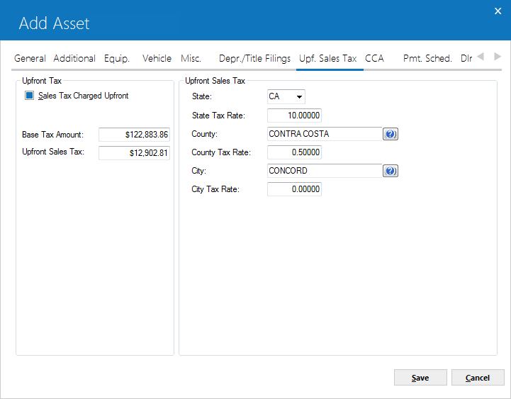 The Upfront Sales Tax tab