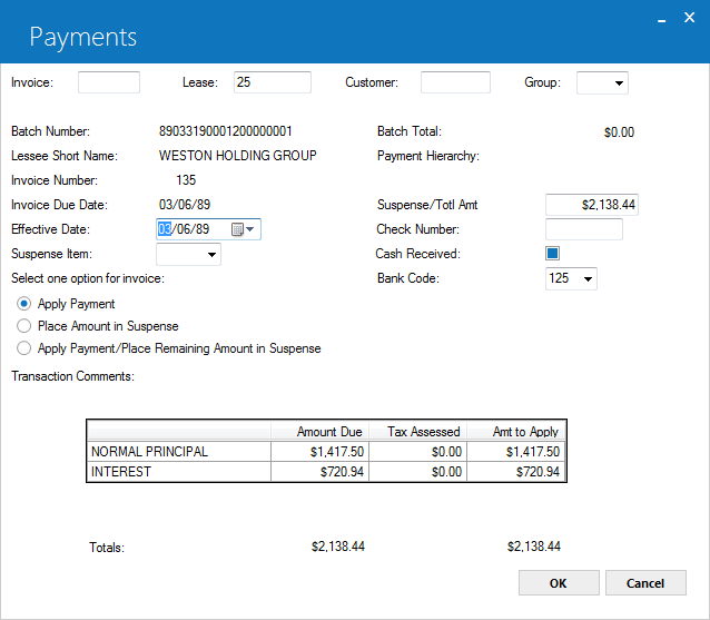 Payments view for a lease.