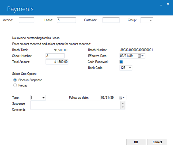 Payments view when no invoices are due for a lease.
