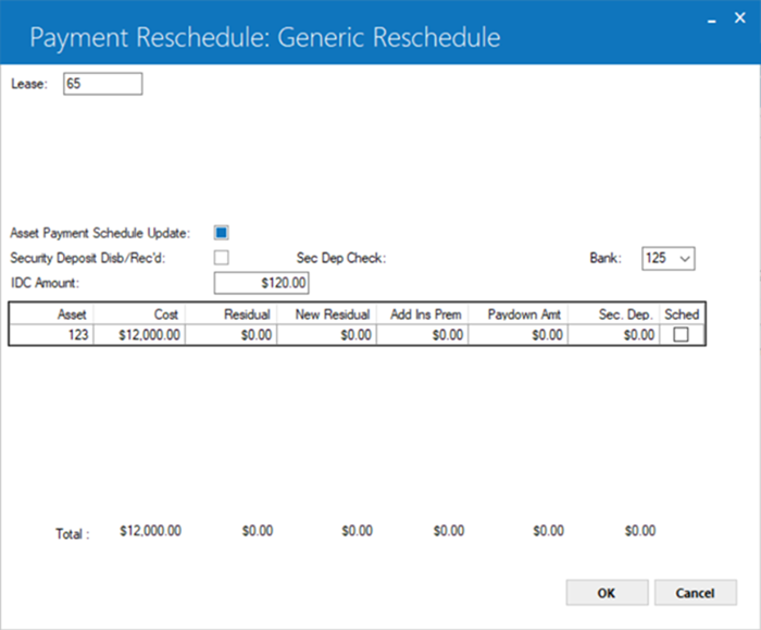 Shows the screen 3 user interface when Asset Payment Schedule Update check box is selected.