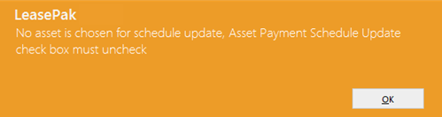 LeasePak prompting about no asset selection.
