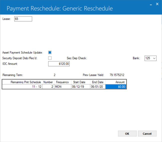 The Remaining Term reschedule screen for reschedules having the Asset Payment Schedule Update check box selected.