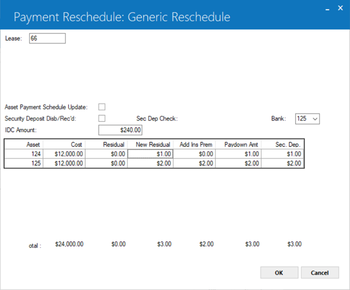 Shows the screen displayed when the Asset Payment Schedule Update (Y/N) check box is unselected.