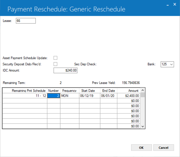The Remaining Term reschedule screen for reschedules having the Asset Payment Schedule Update check box unselected.