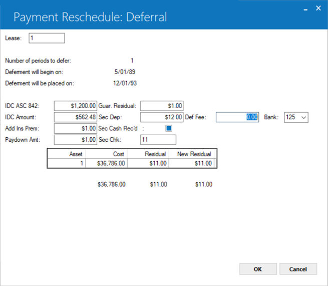 Screenshot showing the financial information for the selected lease.