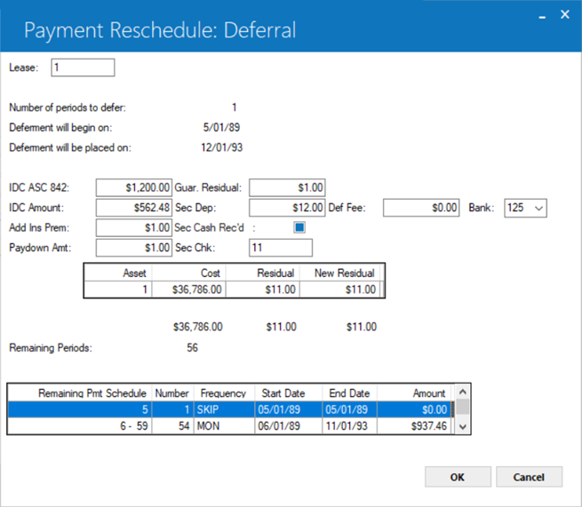 Screenshot shows the Payment Schedule section displaying the remaining payments schedule for the selected lease.