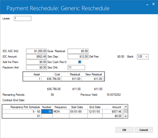 Screenshot shows the Payment Schedule section displaying the remaining payments schedule for the selected lease.