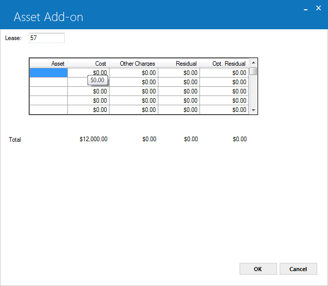 Asset Add-on [U0113] screen for attaching add-on assets to lease.