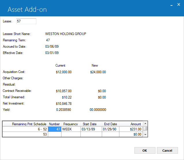 Asset Add-on [U0113] screen for asset adjustments.