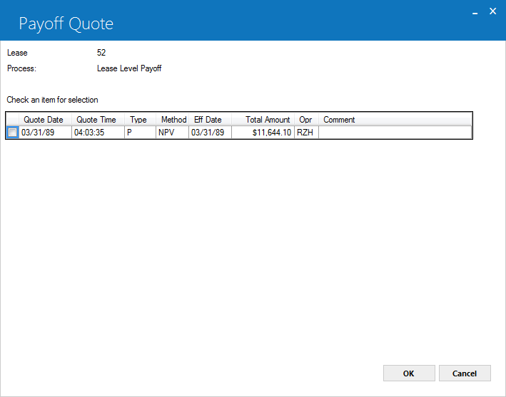 The Quote Selection screen