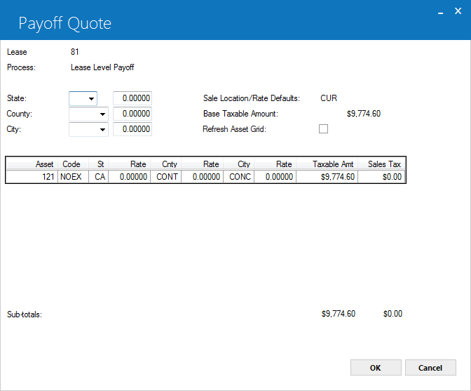 The Sales Tax Payoff screen