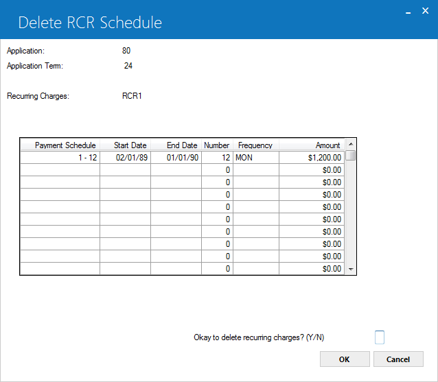Delete RCR Payment Schedule Confirmation dialog