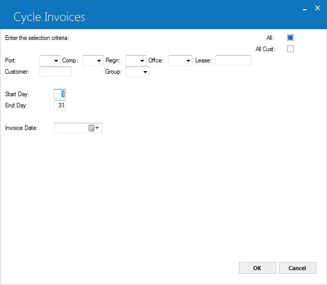 Cycle Invoices Selection dialog