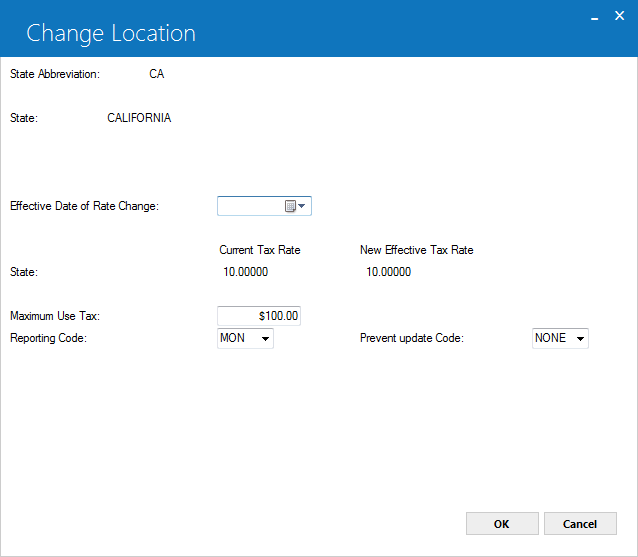 Change state view of the Change Location screen