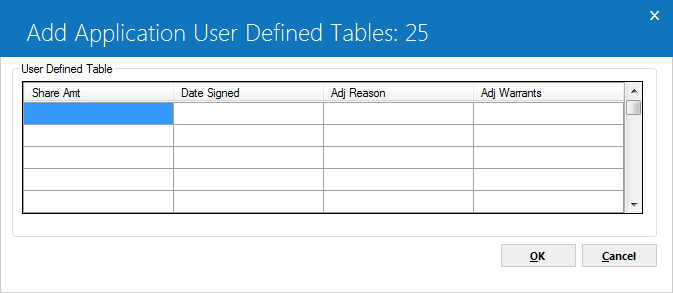 The User Defined Table dialog