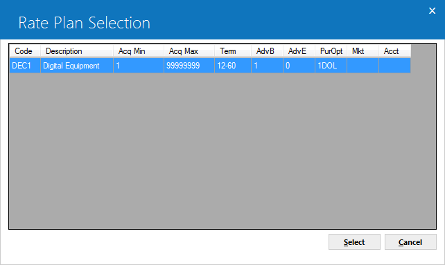 The Rate Plan selection dialog