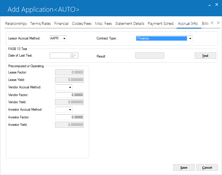 The Accrual Info tab view for Precomputed or Operating leases