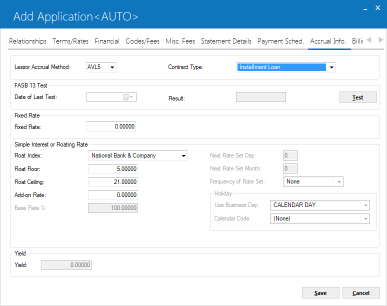 The Accrual Info tab view for Simple Interest Leases and Interest Bearing Loans