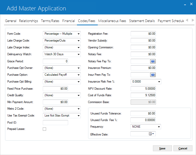 New Master Application - Code/Fee tab