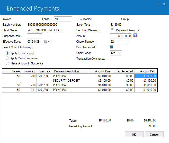 Payment processing mode for cash/prepay and cash/suspense
