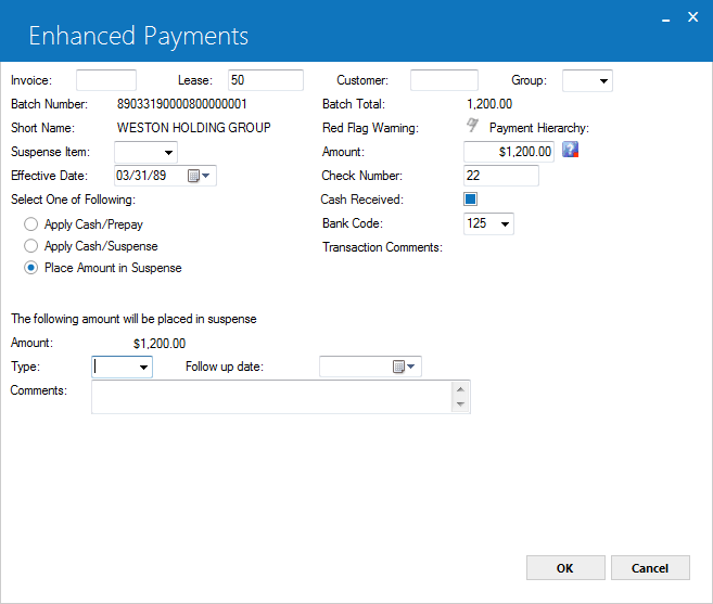 Payment processing mode for placement in suspense