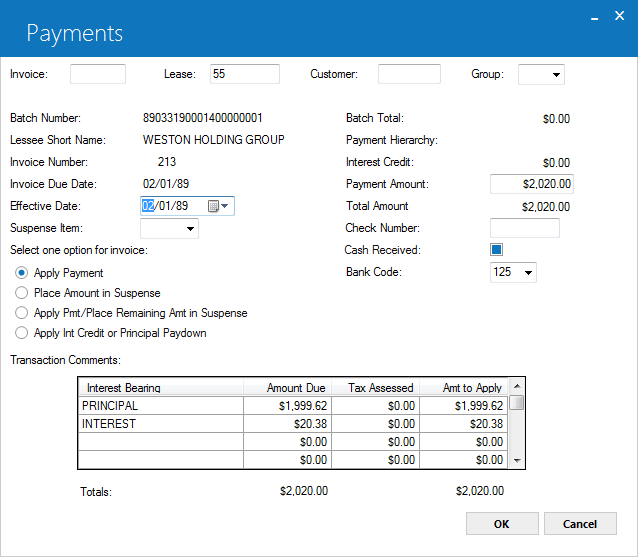 Payments view for an Interest Bearing Loan.
